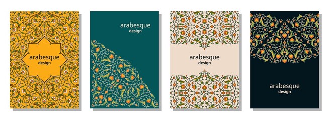 Set of vertical arabesque floral banners. Branches with flowers, leaves and petals