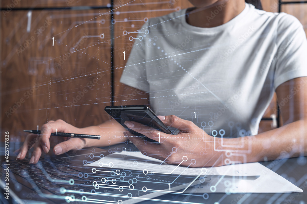 Poster woman hands typing the keyboard to create innovative software to change the world and provide a comp