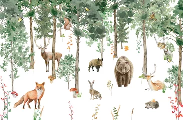 Peel and stick wall murals Childrens room Children's wallpaper. Watercolor forest with animals.