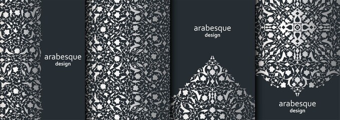 Set of vertical arabesque floral banners. Branches with flowers, leaves and petals