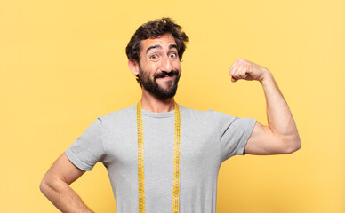 young crazy bearded man dieting happy expression