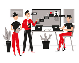 Office staff gathered for a meeting. Employment and presentation of a new employee to the company. Black and red white vector characters
