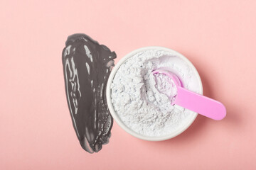 Alginate and clay face masks. Cosmetic products, masks and creams in jars. Top view, flat lay