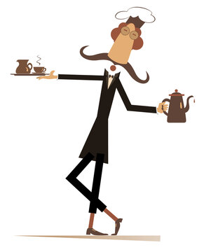 Long mustache comic cook flat illustration. 
Mustache cook carries a tray with coffee or tea cup and cream in one hand and a tea or coffee pot in another isolated on white illustration
