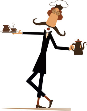Long mustache comic cook flat illustration. 
Mustache cook carries a tray with coffee or tea cup and cream in one hand and a tea or coffee pot in another isolated on white illustration
