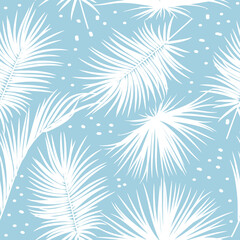 Blue seamless pattern with tropical leaves of palm tree.