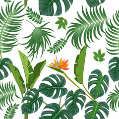 Vector tropical seamless pattern with  leaves of palm tree and flowers