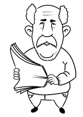 Obraz premium illustration of balded man with mustache standing and holding newspaper