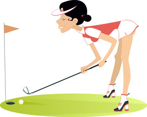 Young golfer woman on the golf course illustration. Cartoon golfer woman aiming to do a good kick isolated on white