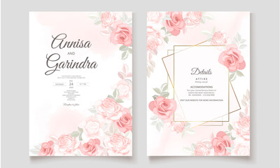 Fototapeta na wymiar Romantic Wedding invitation card template set with beautiful floral leaves Premium Vector