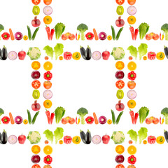 Seamless pattern from large number of fresh bright vegetables and fruits isolated on white