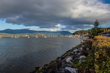 Boats anchored in a harbour at Cowichan Bay