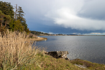 Fototapeta na wymiar view of Esquimalt Lagoon from Royal Roads University on Vancouver Island, British Columbia