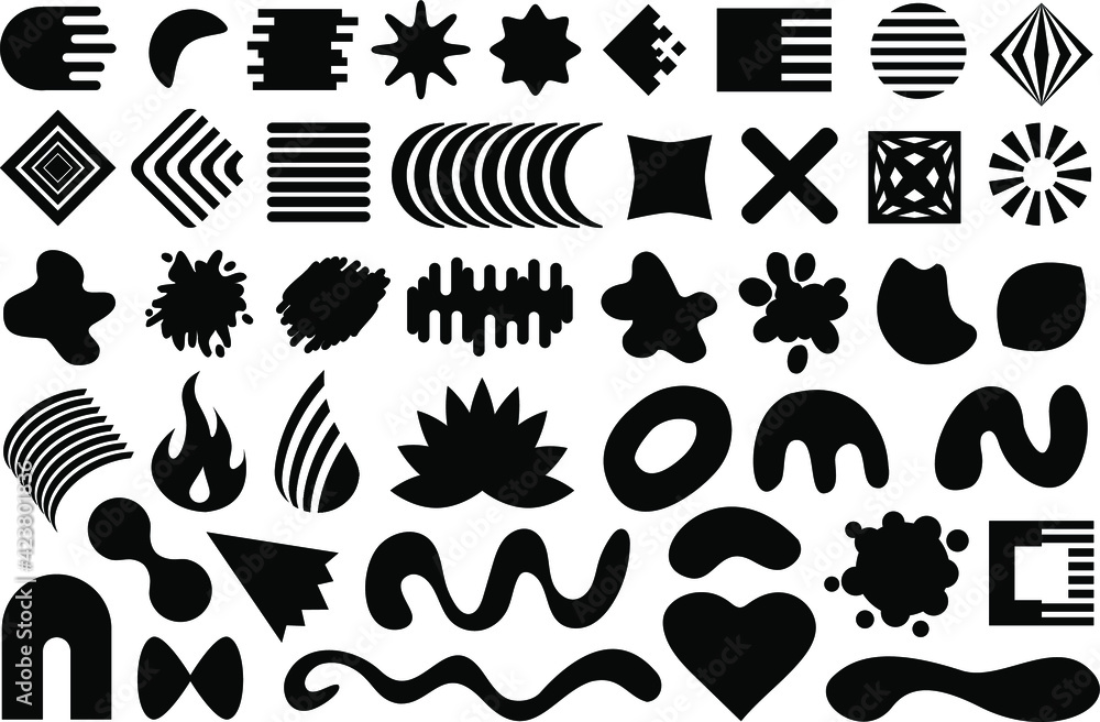 Poster vector geometric shapes set. collection of black flat design elements isolated on white background.