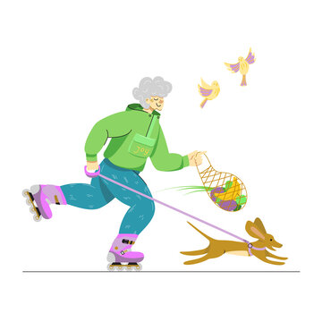 A vector image of an elderly happy lady rollerskating for her leisure time. Smiling senior woman on roller skates with a cute dog. Isolated character illustration on white background. Active ageing.