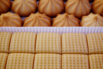 Caramel toffee and cookies background