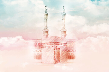 Mecca, Saudi Arabia, Holy Kabah_Hand Drawn Sketch on Watercolor illustration