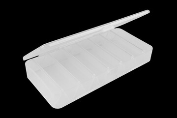 Double-sided fishing box for wobblers and lures isolated on black background. Opened tackle box...