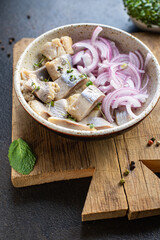 fresh herring salad slice fish salty seafood appetizer on the table pescetarian meal top view copy space healthy food background rustic image 