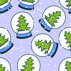 Snow globe seamless background. Christmas glass snow ball with Christmas tree seamless pattern.