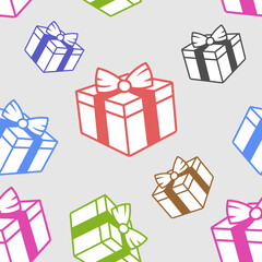Gift box seamless background. Colored gift boxes with seamless pattern ribbon.