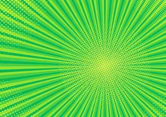 Pop art background. Comic texture with halftone and sunburst. Yellow green starburst pattern. Vintage effect. Retro sunshine banner with beams, dots. Cartoon duotone print. Vector illustration.