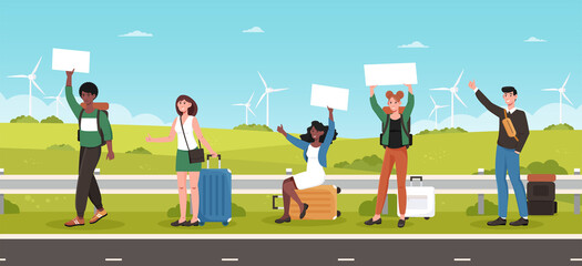 Hitchhiking people is trying to stop a car.