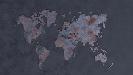 dirty rust world map on dark background