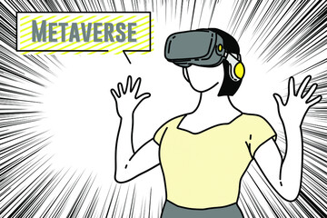Woman used goggles to virtual reality online in deep metaverse hand draw style pictogram vector flatline design illustration.