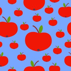 Seamless pattern. Red apple. Green leaf. Blue background. Vegan or vegetarian. Healthy lifestyle. Nature and ecology. Agriculture and gardening. Post cards, wallpaper, textile, wrapping paper, print