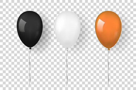 Balloon 3D icon set, isolated white transparent background. Baloon mockup Halloween party celebration. Realistic black silver orange design. Helium gift ballon, ribbon decoration. Vector illustration