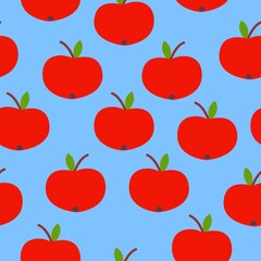 Seamless pattern. Red apple. Green leaf. Blue background. Vegan or vegetarian. Healthy lifestyle. Nature and ecology. Agriculture and gardening. Post cards, wallpaper, textile, wrapping paper, print