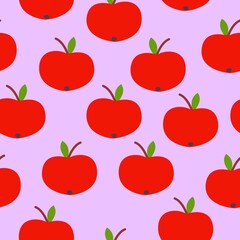 Seamless pattern. Red apple. Green leaf. Pink background. Vegan or vegetarian. Healthy lifestyle. Nature and ecology. Agriculture and gardening. Post cards, wallpaper, textile, wrapping paper, print