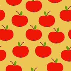 Seamless pattern. Red apple. Green leaf. Yellow background. Vegan or vegetarian. Healthy lifestyle. Nature and ecology. Agriculture and gardening. Post cards, wallpaper, textile, wrapping paper, print
