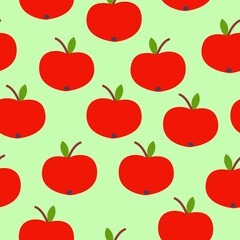 Seamless pattern. Red apple. Green leaf. Green background. Vegan or vegetarian. Healthy lifestyle. Nature and ecology. Agriculture and gardening. Post cards, wallpaper, textile, wrapping paper, print