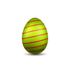 Easter egg 3D icon. Green red egg, isolated white background. Bright realistic design, decoration for Happy Easter celebration. Holiday element. Shiny pattern. Spring symbol. Vector illustration