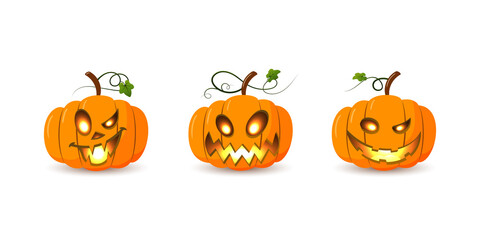 Halloween pumpkin icon set. Autumn symbol. 3D design. Halloween scary pumpkin face, smile, candle light, leaf. Orange squash silhouette isolated white background. Cartoon colorful Vector llustration