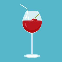 Cocktail glass with cherry and straw on a turquoise background