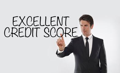 Man touching on a touchscreen with “excellent credit score” text