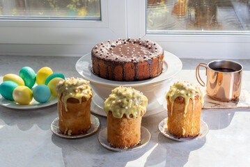 Easter cakes and eggs. Spring season. Orthodox tradition. Selective focus.
