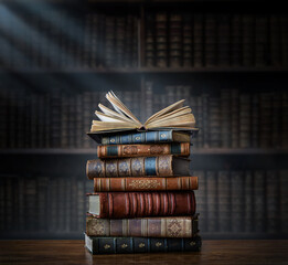 A stack of old books on table against background of bookshelf in library. Ancient books as a symbol of knowledge, history, memory. Conceptual background on education, literature topics. - obrazy, fototapety, plakaty