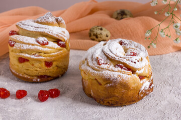Easter cake craffin. Craffins with dried cherries, sprinkled with powdered sugar. Close-up of...