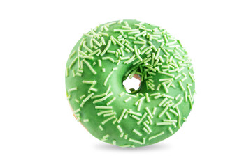 Green donut with white sprinkles on a white isolated background