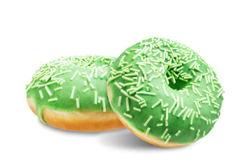 Green donut with white sprinkles on a white isolated background