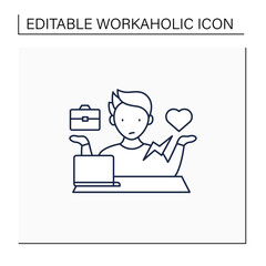 Workaholic line icon. Conflict between private life and work. Dilemma. Man at laptop.Overworking concept.Isolated vector illustration.Editable stroke