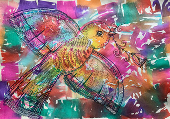 Obraz na płótnie Canvas Bird drawn with colored pencils. Children's drawing.