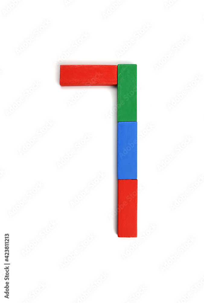 Aufkleber number seven made of colorful constructor blocks bricks isolated on white background