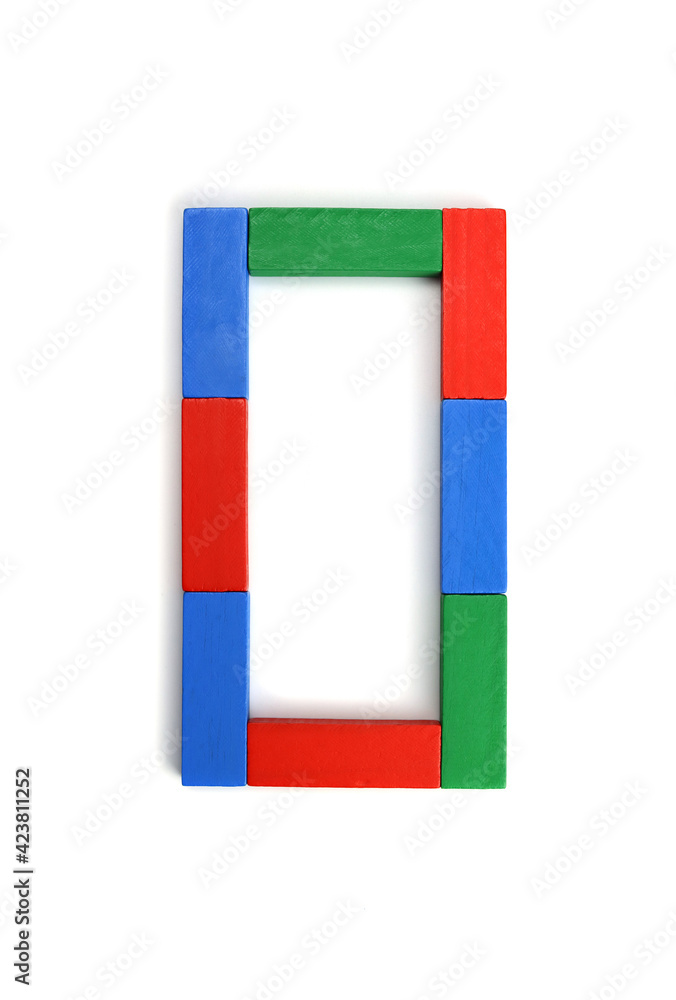 Poster number zero made of colorful constructor blocks bricks isolated on white background