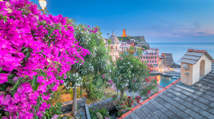Fleurs de Bougainvilliers au port de Vernazza, vue depuis le sentier de randonnée, village des...