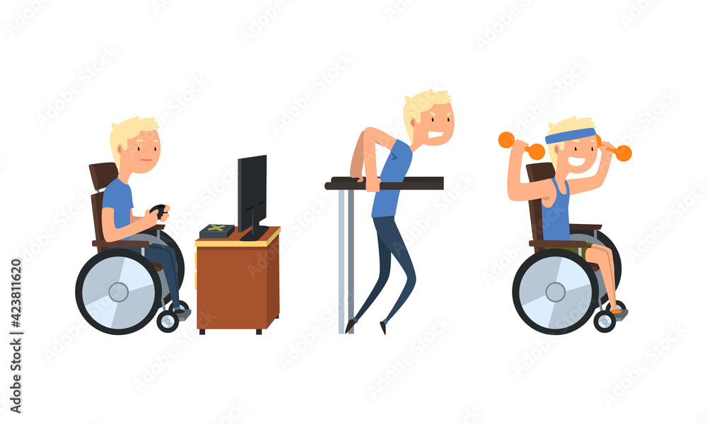 Poster blond man with disability in wheelchair playing computer game and lifting dumbbell vector set